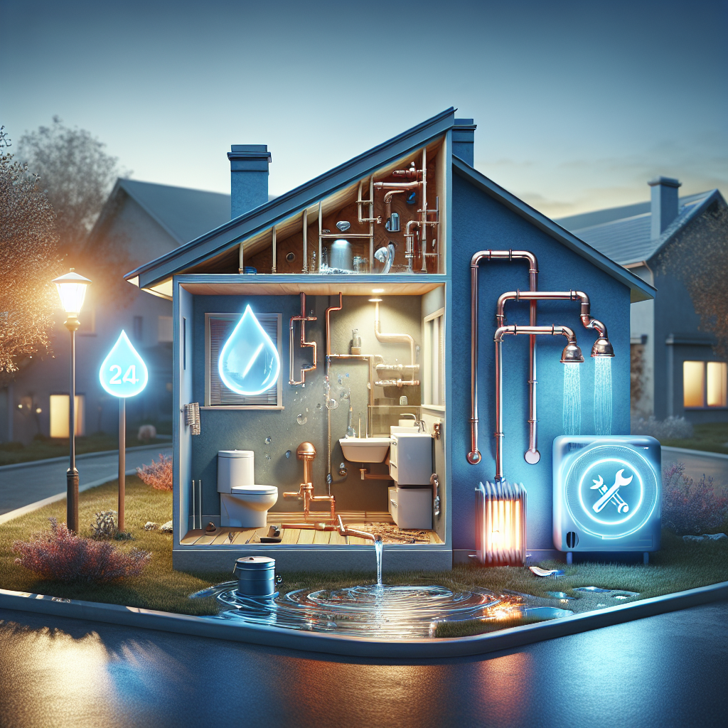 Home with burst pipe and 24 7 plumber service symbols for urgent plumbing help