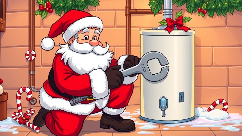Santa Claus working as a plumber fixing a water heater during the holidays - emergency plumbing services