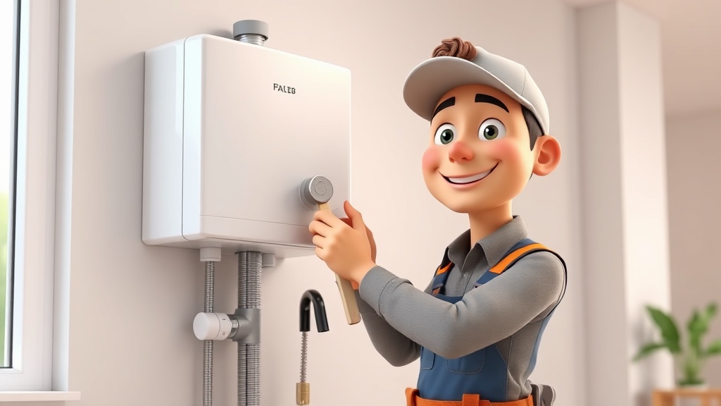 3D animated plumber character performing tankless water heater maintenance