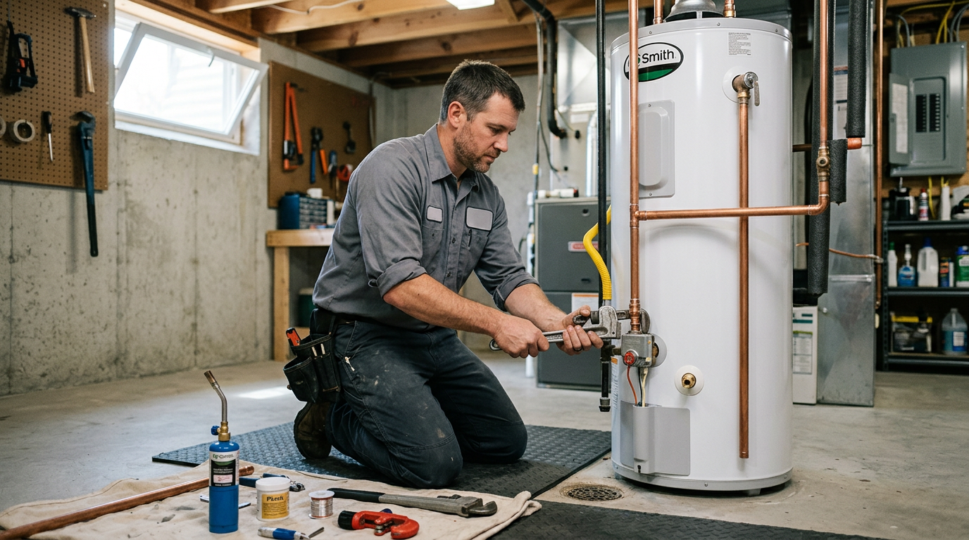 Professional Water Heater Installation in a Home Utility Room Plumber connecting supply lines during a residential water heater installation in a utility room