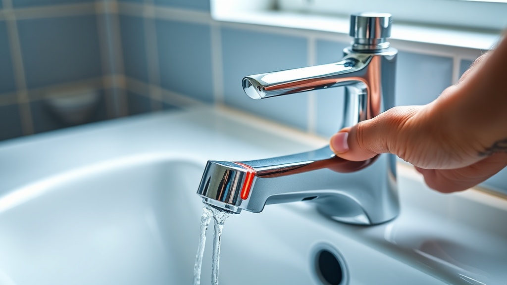 Hot Water Tap With No Flow - Common Plumbing Issue Chrome hot water tap with red indicator turned on but no water flowing from spout in modern bathroom sink