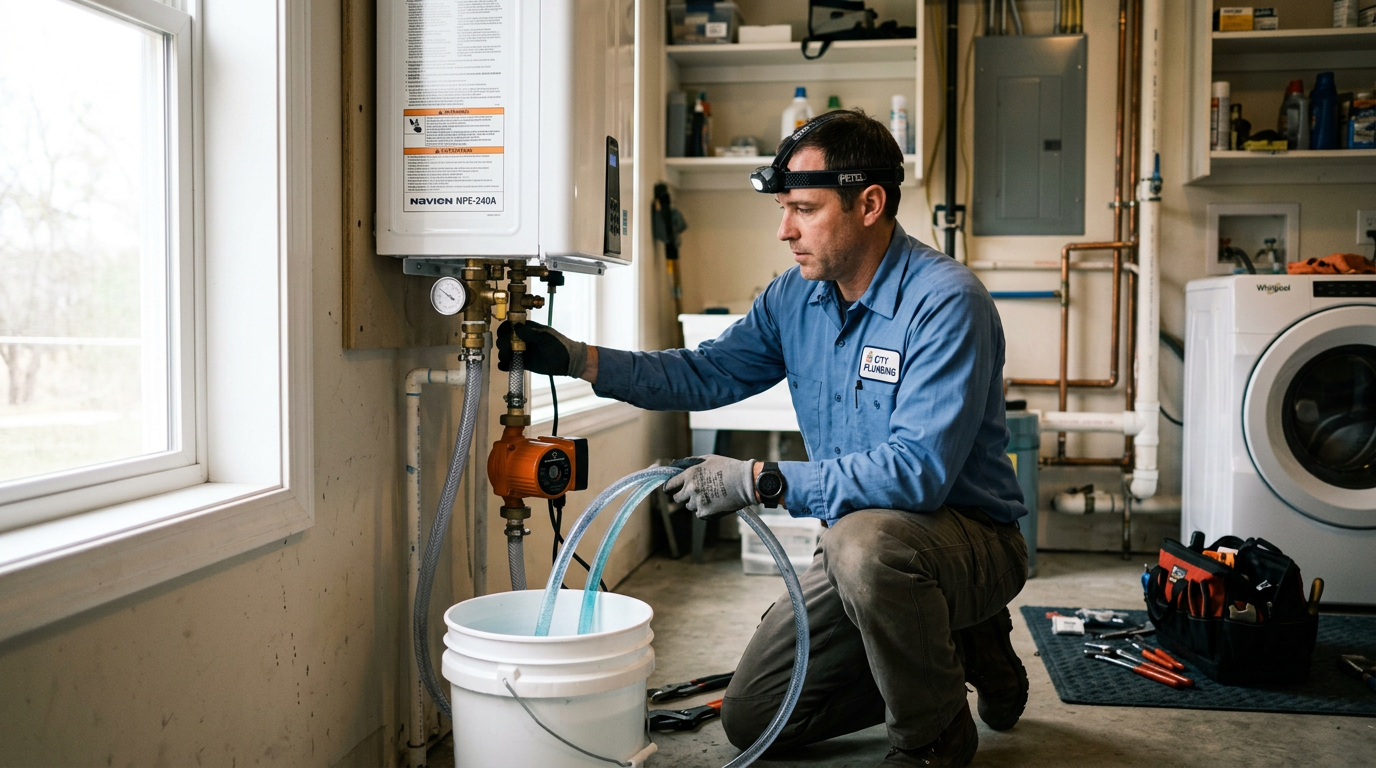 Tankless Water Heater Descaling Maintenance Tankless water heater maintenance — Plumber connecting a circulation pump to a wall-mounted tankless water heater for a descaling flush