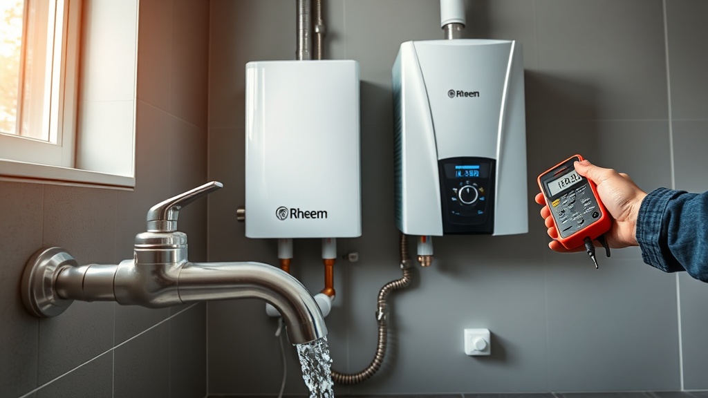 Troubleshooting Rheem Tankless Water Heater Rheem tankless water heater being diagnosed with multimeter while cold water runs from faucet showing no hot water issue