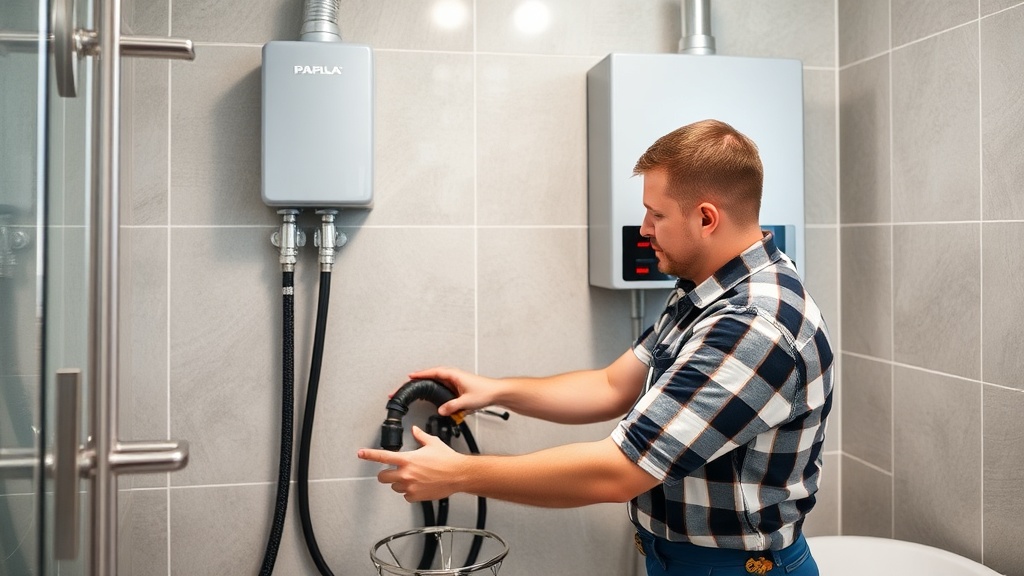 Water Heater Repair: Restoring Hot Shower Function Professional plumber repairing tankless water heater to restore hot water supply in modern bathroom