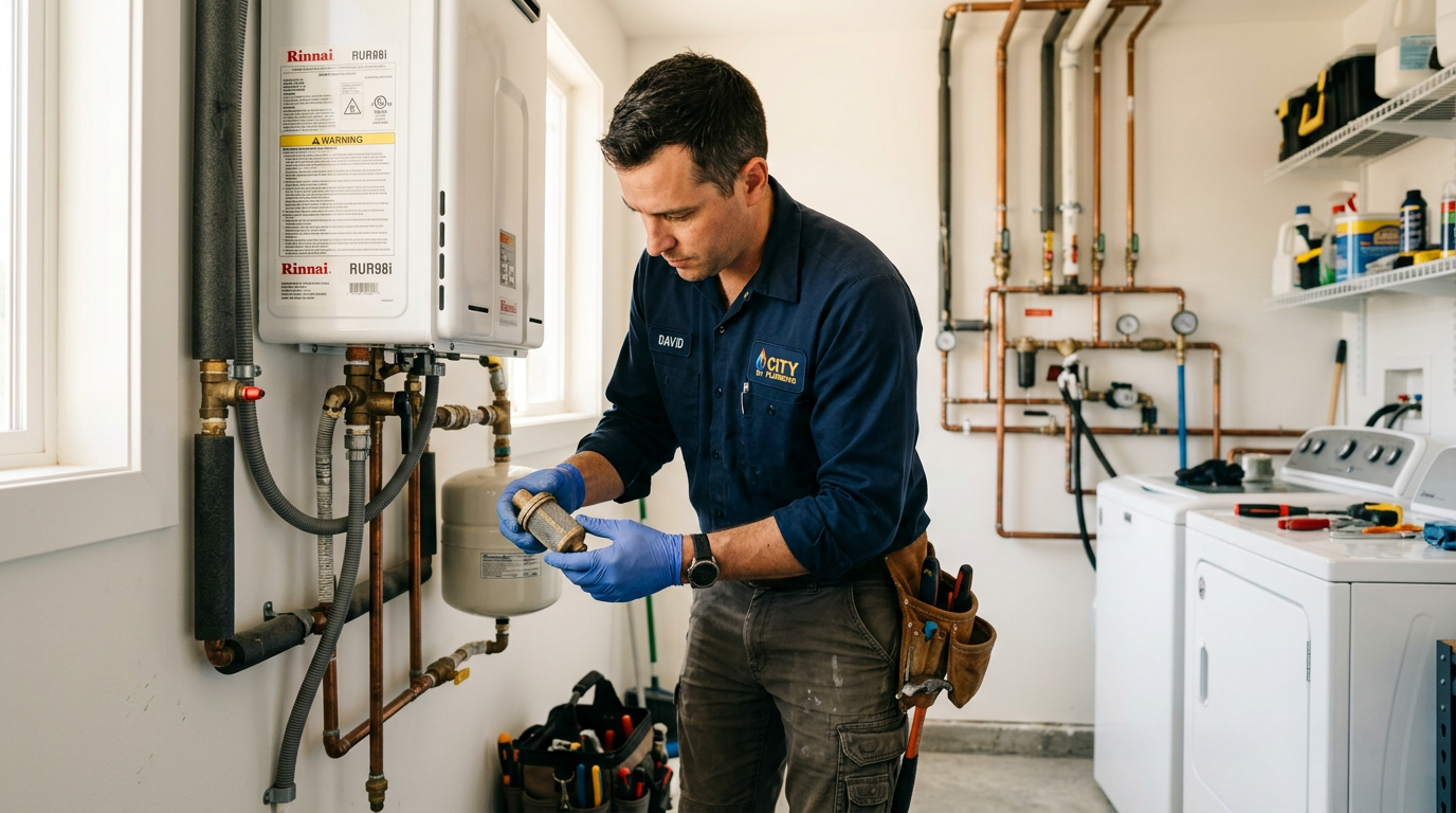 Tankless Water Heater Inlet Filter Inspection A licensed plumber inspecting the inlet filter on a wall-mounted tankless water heater during routine maintenance