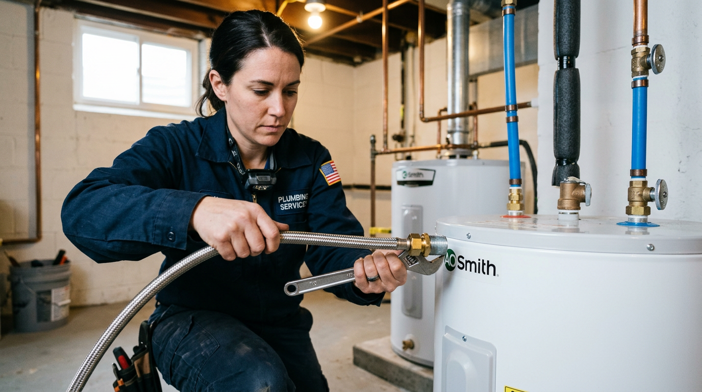 Professional water heater installation in progress Licensed plumber connecting a supply line to a newly installed residential tank water heater
