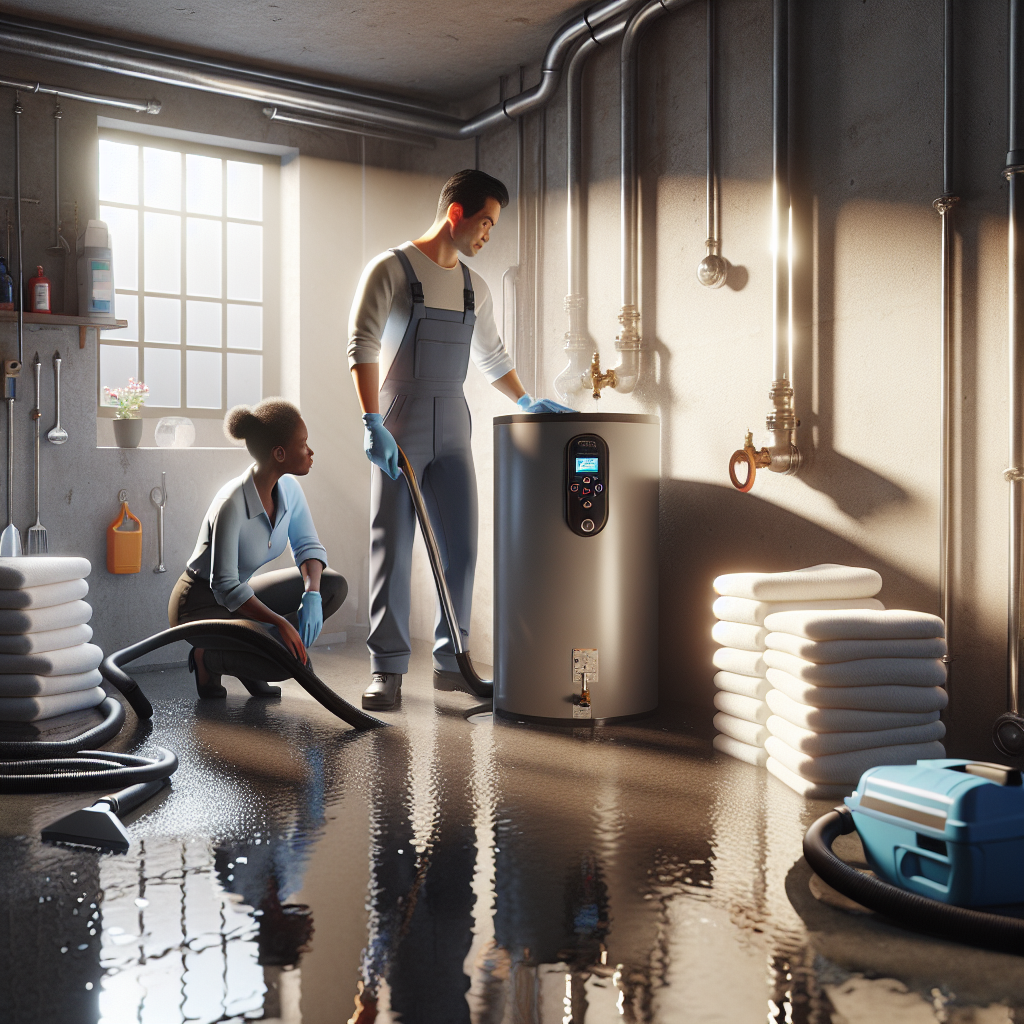 Professional basement flood cleanup services restoring a flooded basement with plumber and cleanup crew