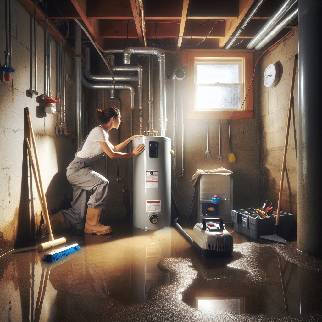 Professional plumber performing basement flood cleanup services near a water heater
