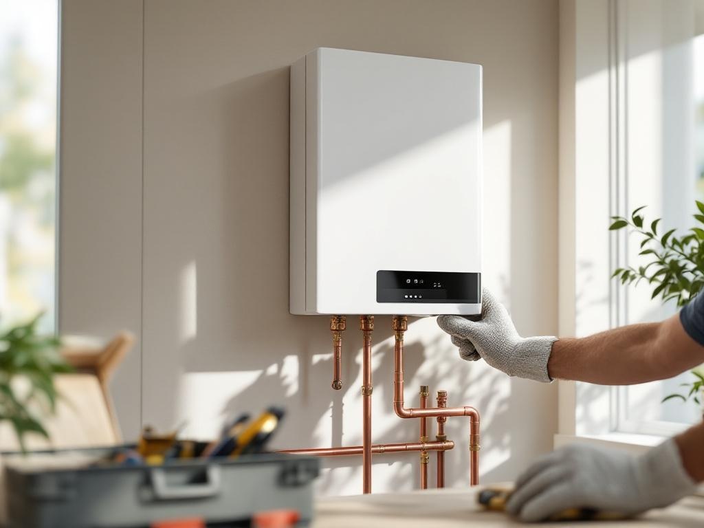 Tankless Water Heater Professional Installation Professional plumber installing modern tankless water heater on wall showing installation process and costs