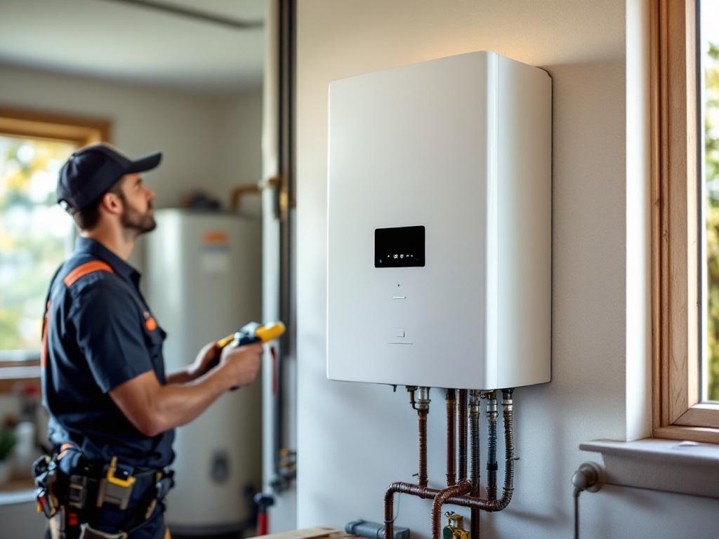 Expert Tankless Water Heater Installation Professional plumber installing modern tankless hot water heater on residential wall