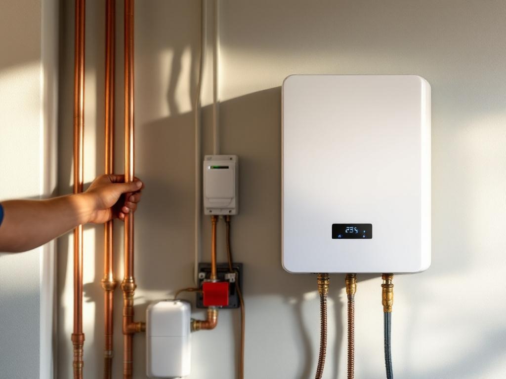 Electric Tankless Water Heater Installation Process Professional installing modern electric tankless water heater on wall with electrical connections