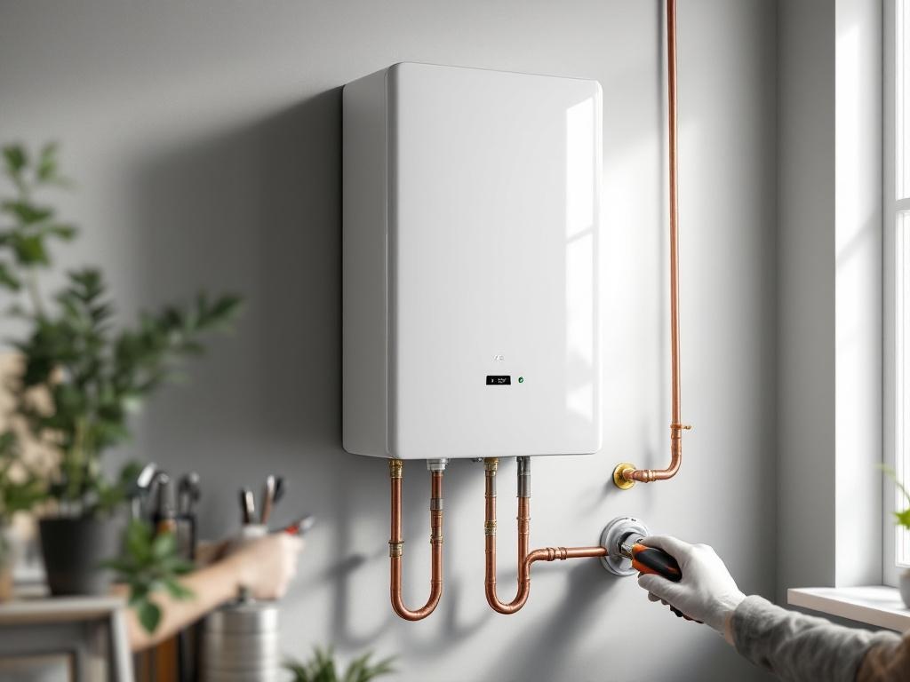 Electric Tankless Water Heater Installation Process Professional installation of modern electric tankless water heater on residential wall with copper piping