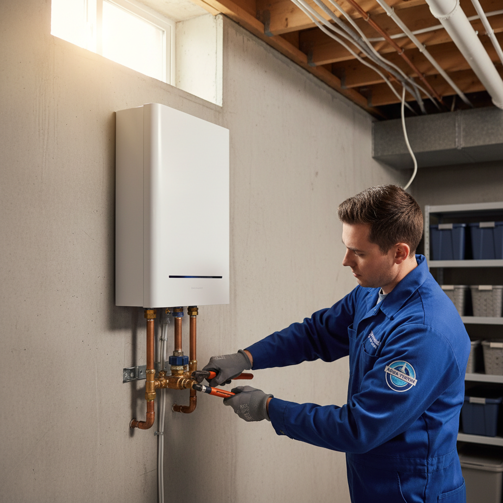 Expert Tankless Water Heater Installation Service Professional technician installing modern tankless water heater on residential basement wall with copper piping