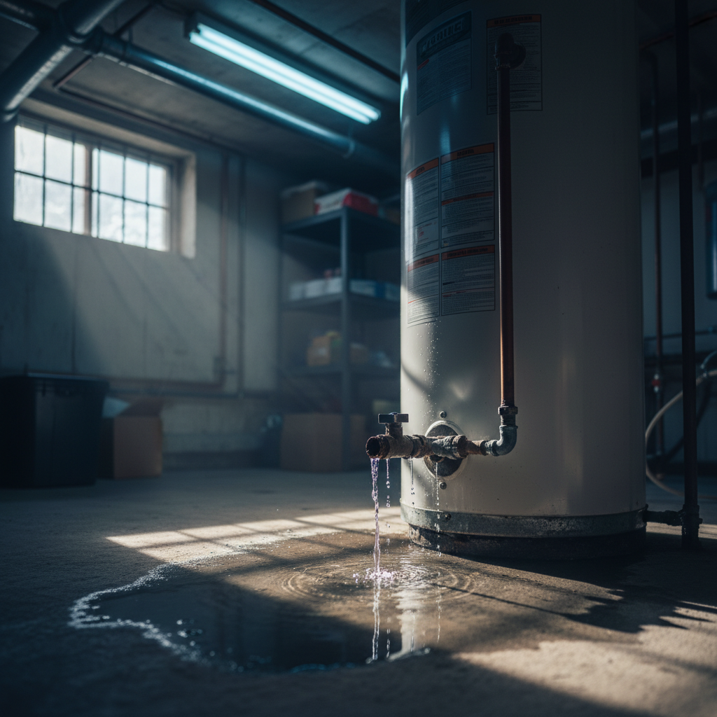 Residential Water Heater Bottom Leak Close-Up Water heater leaking from bottom with visible water pooling on basement floor beneath tank