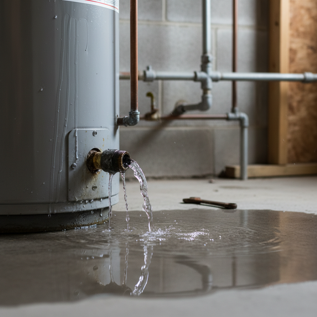 Residential Water Heater Leaking From Base Hot water heater tank leaking water onto basement floor showing corrosion and dripping from bottom valve
