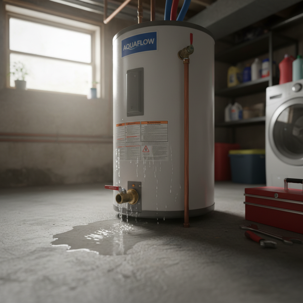 Residential Water Heater Bottom Leak Water heater leaking from bottom with puddle forming on floor in residential utility room
