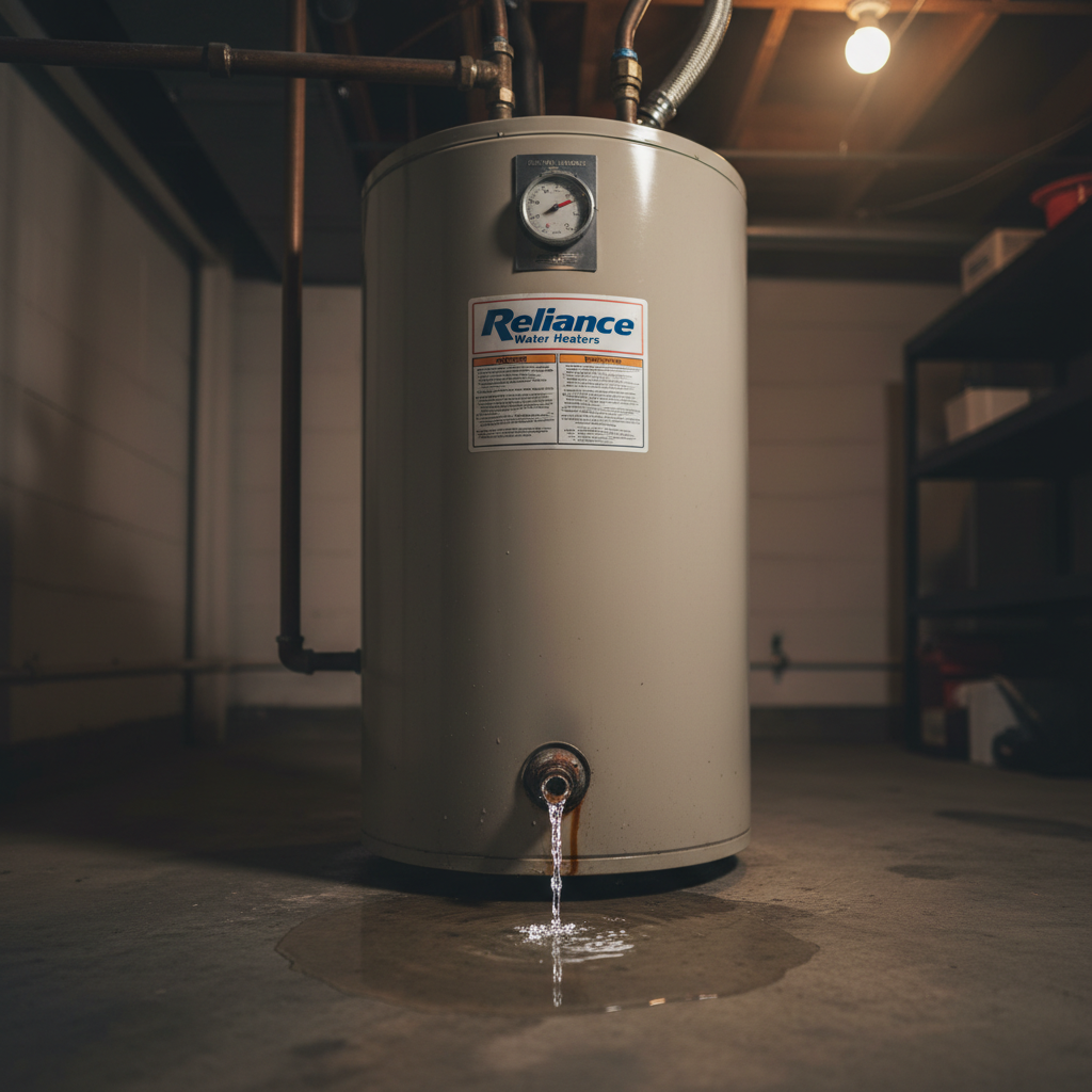 Residential Water Heater Bottom Leak Close-Up Water heater leaking from bottom with puddle forming on basement floor showing active drip from drain valve