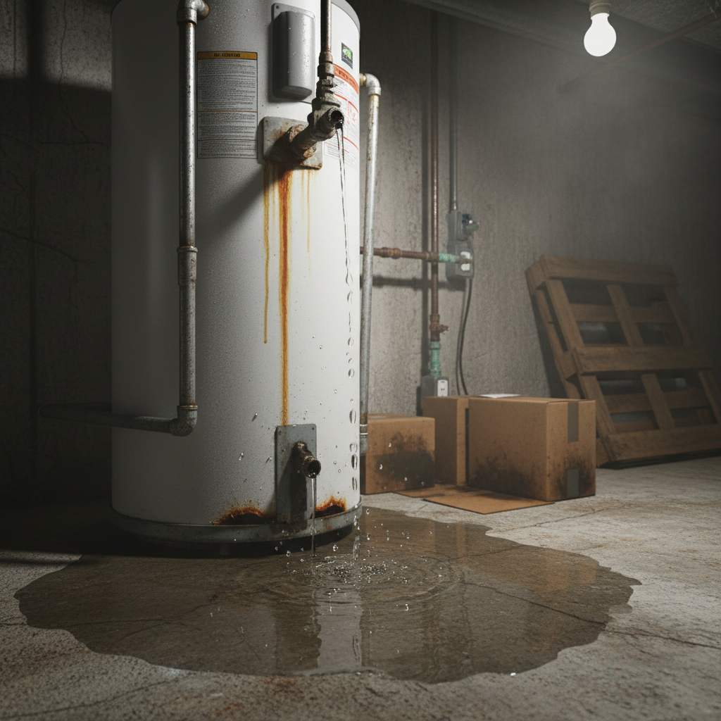 Dangerous Water Heater Leak with Corrosion Leaking water heater with water pooling at base showing rust and corrosion creating dangerous conditions in utility room