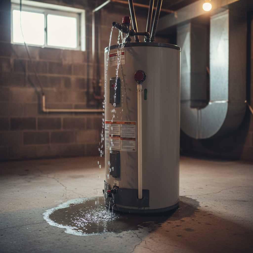 Top of Water Heater Leaking at Pipe Connections Water heater leaking from top pipe connections with visible water droplets in residential utility room