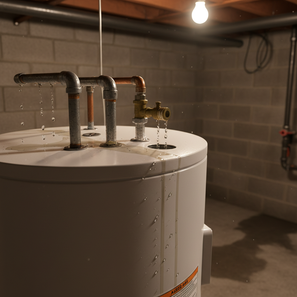 Top Water Heater Leak at Pipe Connections Water heater leaking from top pipe connections showing water droplets on residential hot water tank