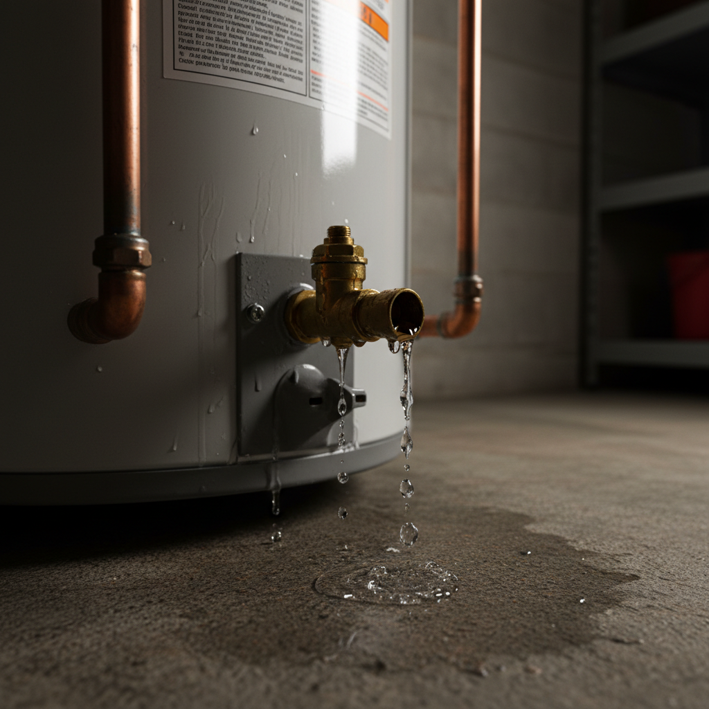 Leaking Water Heater Pressure Relief Valve Hot water heater pressure relief valve actively leaking water droplets from discharge pipe