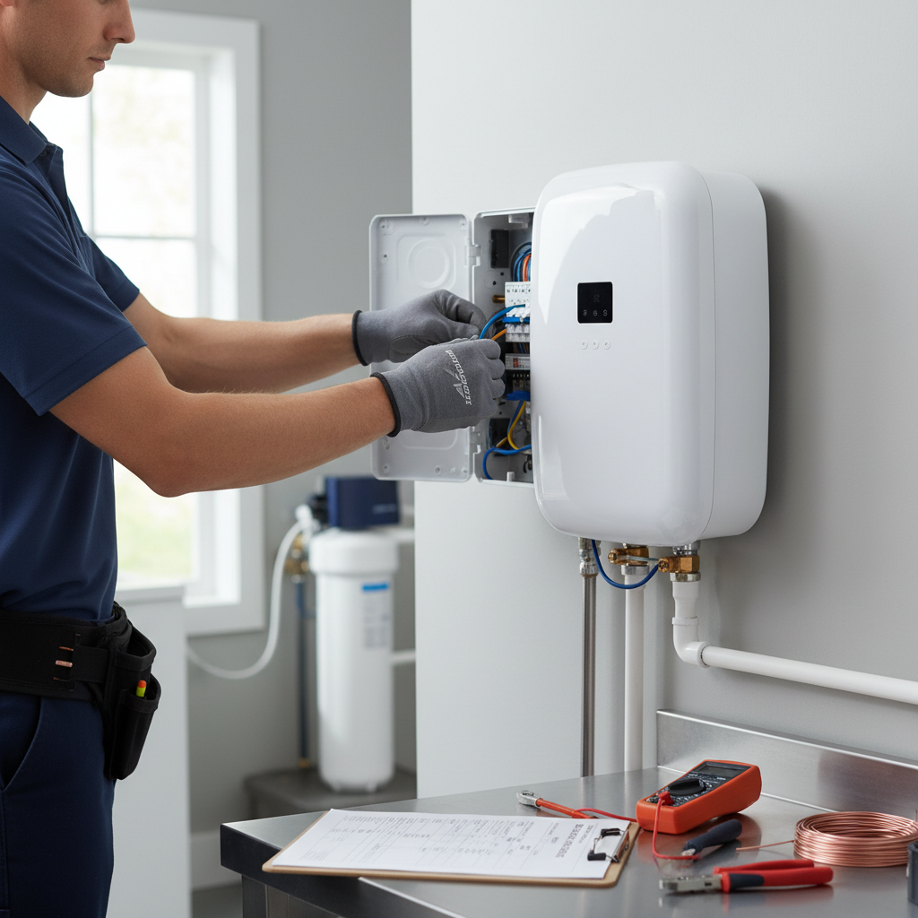 Electric Tankless Water Heater Installation Professional electrician installing compact electric tankless water heater on wall showing installation process