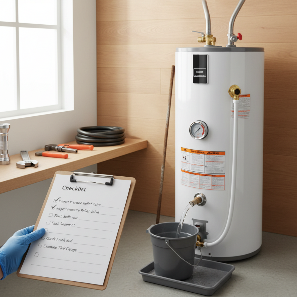 Essential Water Heater Maintenance Steps Water heater maintenance checklist with professional inspection of tank, valves, and essential tools