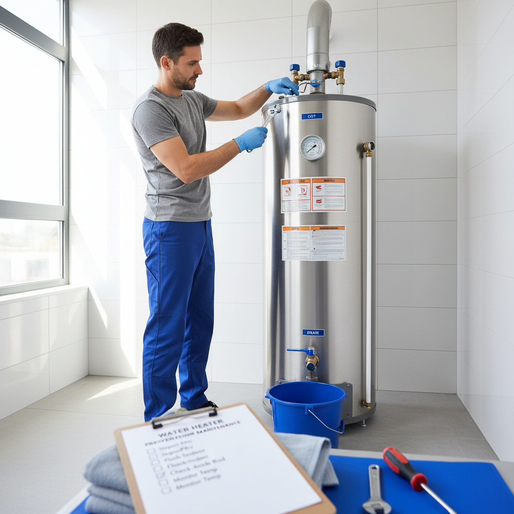 Water Heater Maintenance Inspection in Progress Professional performing water heater maintenance checklist inspection with tools and clipboard in utility room