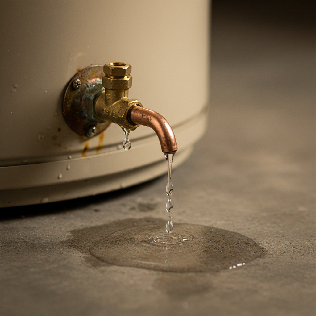 Leaking Pressure Relief Valve on Water Heater Hot water heater pressure relief valve leaking with visible water droplets and puddle forming beneath discharge pipe