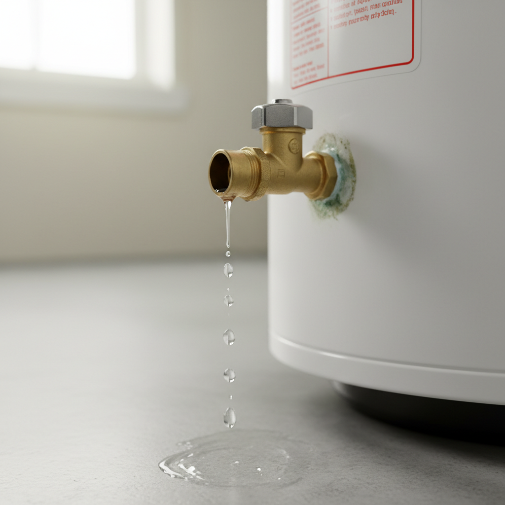 T&P Relief Valve Actively Leaking on Water Heater Water heater pressure relief valve leaking water droplets from discharge pipe in residential setting