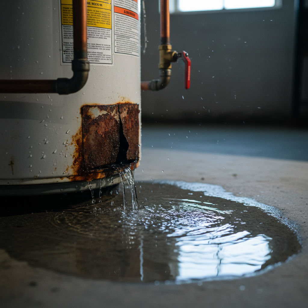 Residential Water Heater Tank Leak Close-Up Hot water heater leaking from bottom tank with water puddle on basement floor showing corrosion damage
