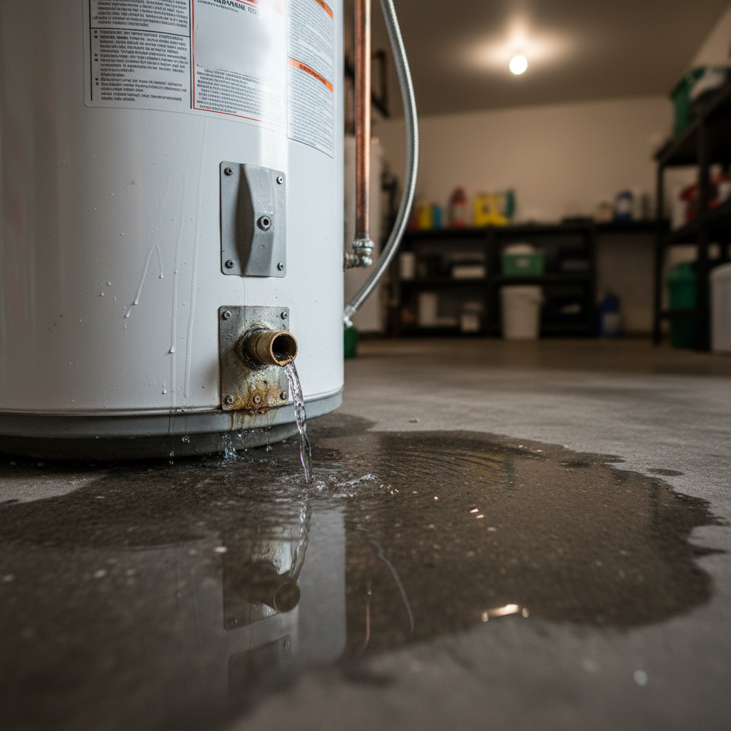 Bottom Tank Leak Requiring Immediate Attention Water heater leaking from bottom with pooling water on floor showing critical tank failure