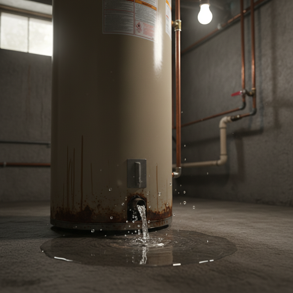 Water Heater Bottom Leak with Visible Water Damage Leaking water heater from bottom with water pooling on basement floor showing critical tank failure