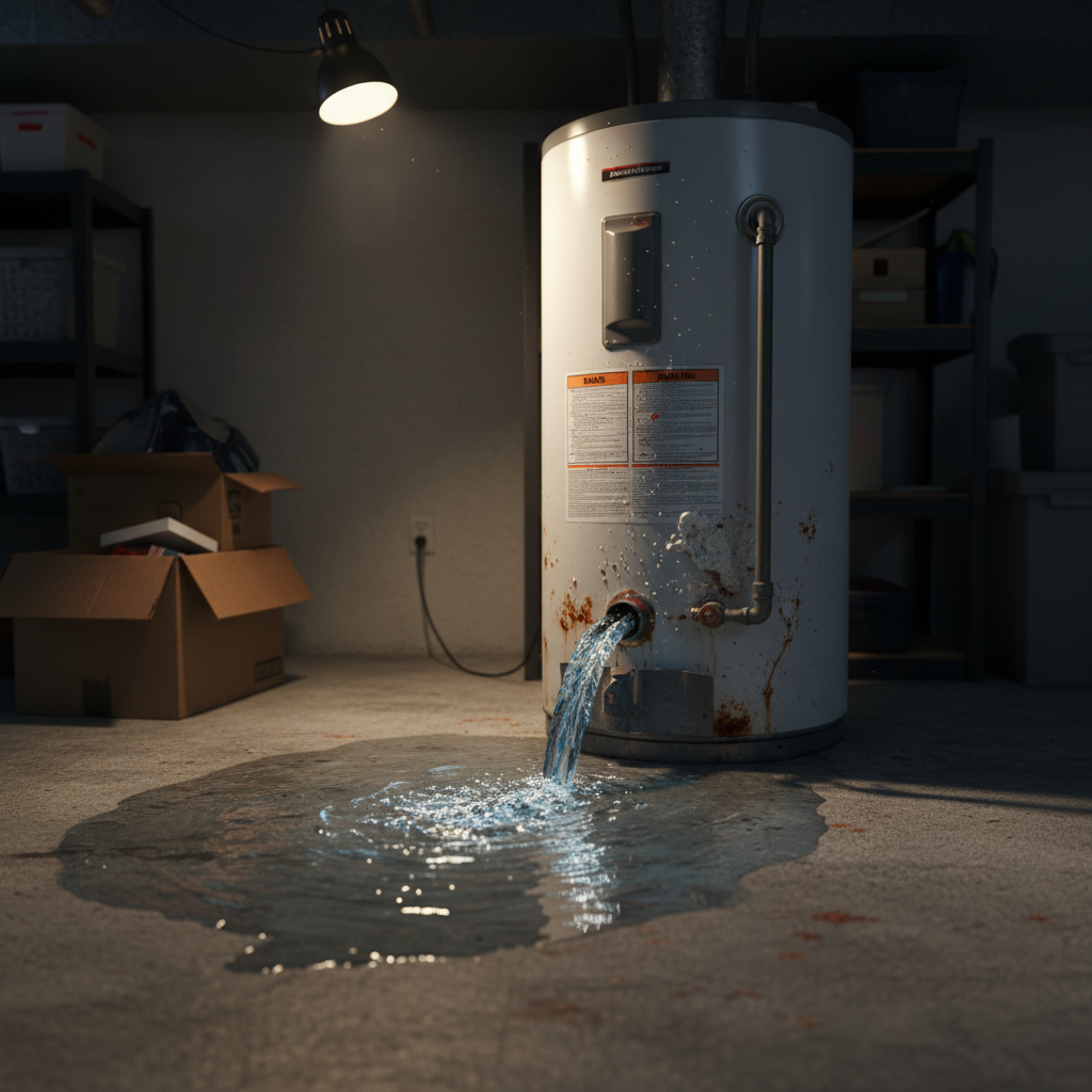 Water Heater Leak Creating Safety Hazards Leaking water heater with water pooling on basement floor showing dangerous conditions and water damage