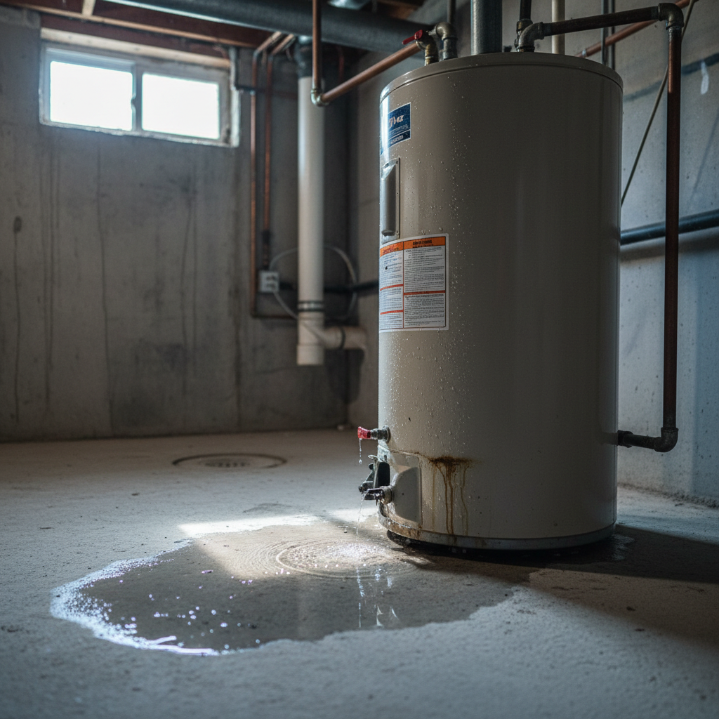 Residential Water Heater Bottom Leak Damage Water heater leaking from bottom with puddle forming on basement floor showing common residential leak issue