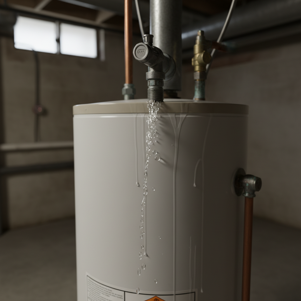 Top Water Heater Leak at Pipe Connection Water heater leaking from top pipe connection with visible water droplets in residential basement setting