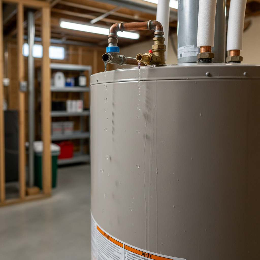 Top Water Heater Leak at Pipe Connections Water heater leaking from top connections showing active drip from inlet pipe and relief valve fittings