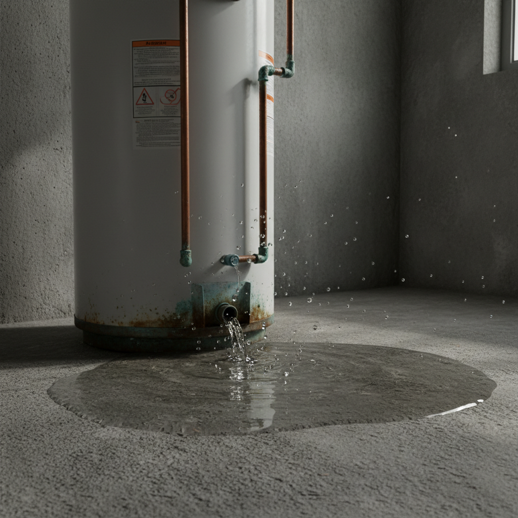 Residential Water Heater Bottom Leak with Pooling Water heater leaking from bottom with puddle forming on basement floor showing tank corrosion and active drip