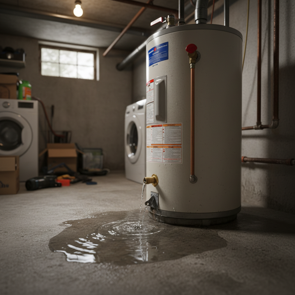 Residential Water Heater Bottom Leak Inspection Water heater leaking from bottom with visible puddle on floor showing drain valve and tank base in utility room