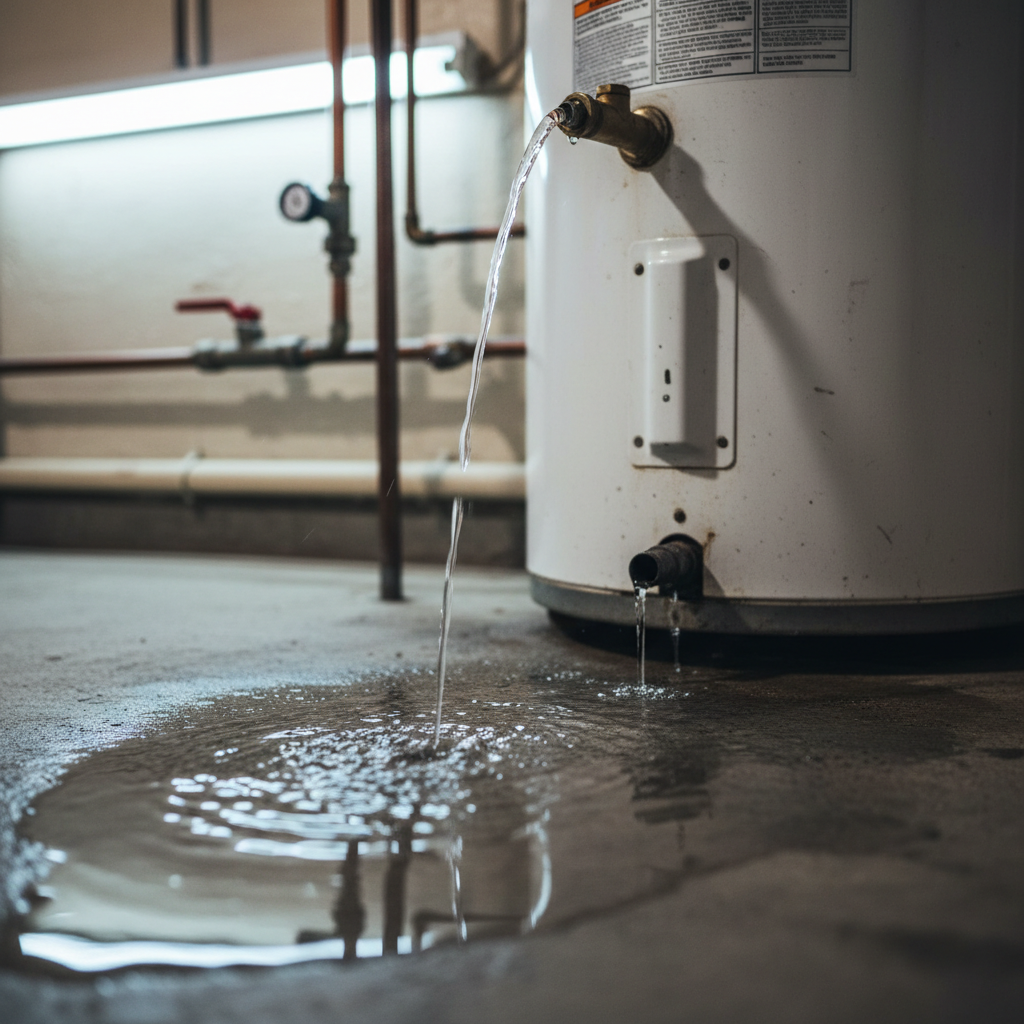 Active Water Heater Leak in Home Utility Room Water heater leaking from bottom valve with puddle forming on basement floor - my water heater is leaking diagnosis