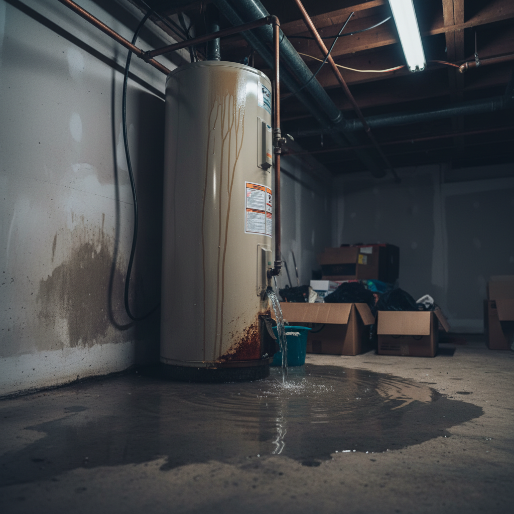 Dangerous Water Heater Leak in Home Basement Leaking water heater with water pooling on basement floor showing potential safety hazards