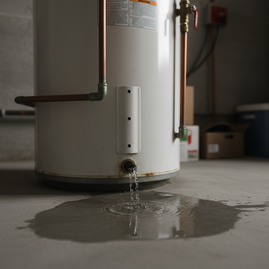 Residential Water Heater Bottom Leak Close-Up Water heater leaking from bottom with visible pooling water on concrete floor showing potential tank failure