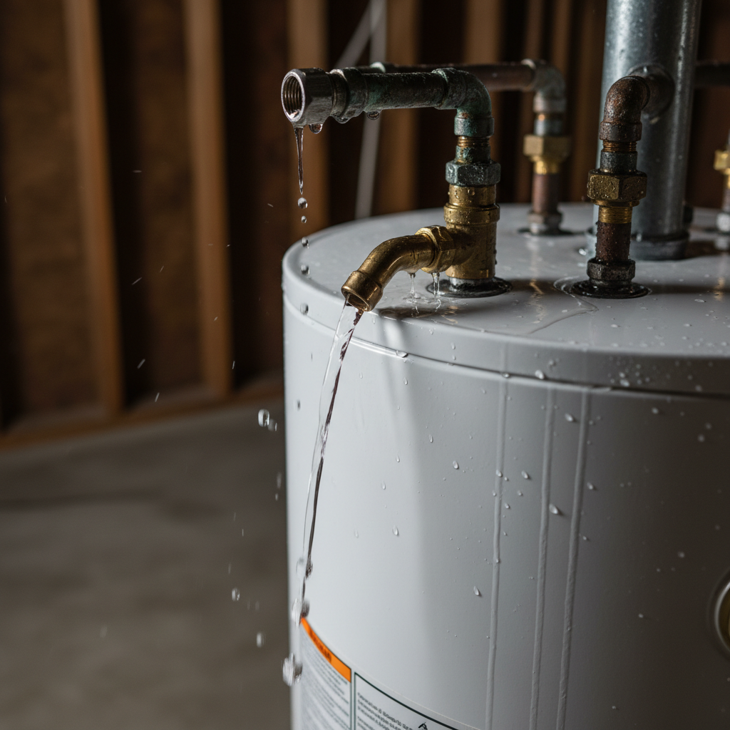 Top Water Heater Leak at Pipe Connections Water heater leaking from top showing moisture around inlet pipe and relief valve connections in utility room
