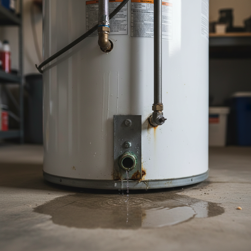Bottom Water Heater Leak Close-Up Detail Water heater leaking from bottom showing active drip from base drain valve onto concrete floor