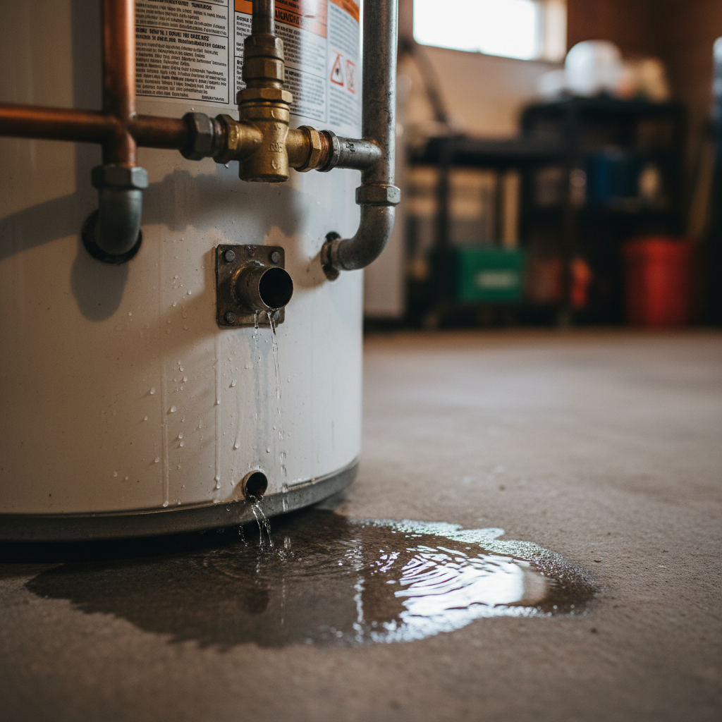 Residential Water Heater Leak Detection Hot water heater leaking from bottom tank with water pooling on basement floor showing plumbing issue
