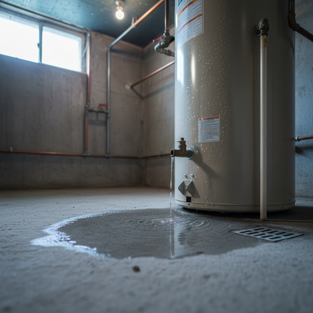 Water Heater Leak: Active Dripping from Relief Valve Residential water heater actively leaking water onto basement floor showing dripping valve and puddle formation
