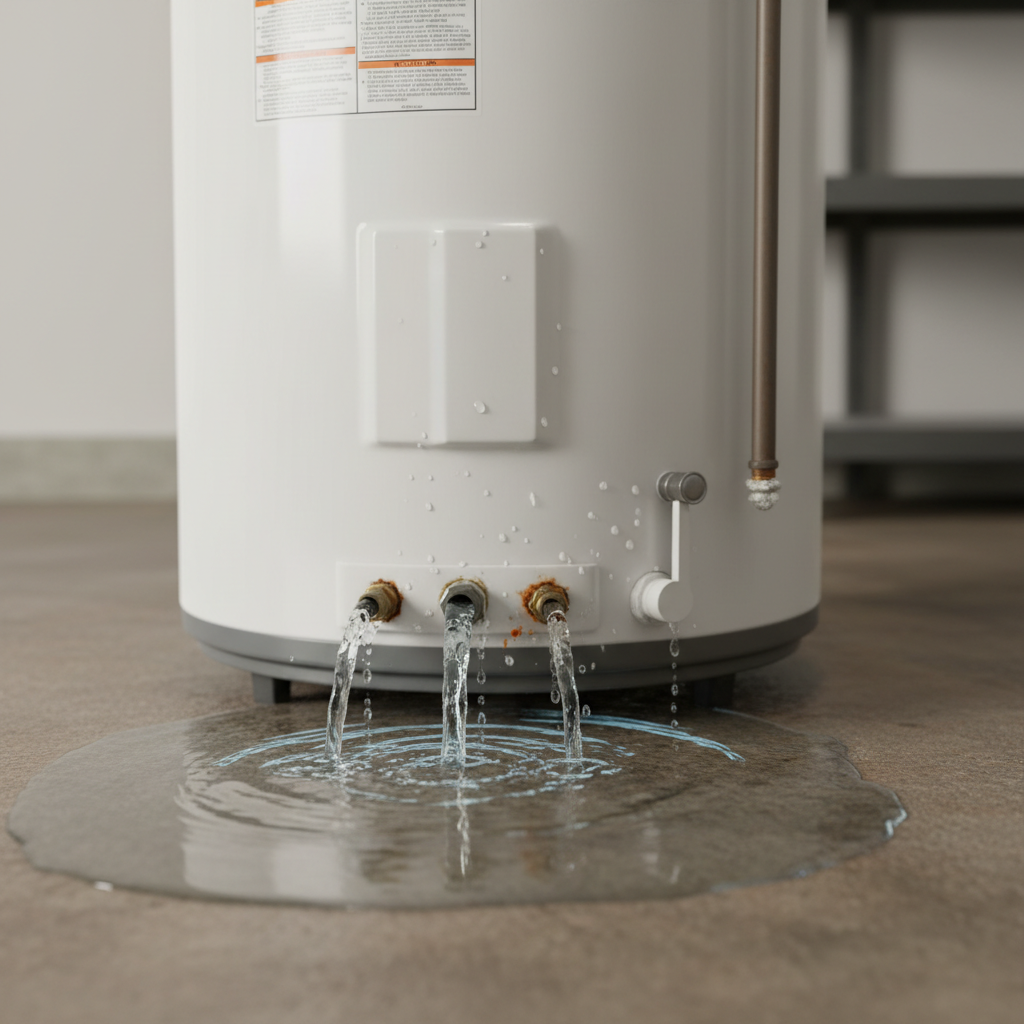Bottom Water Heater Leak with Floor Pooling Water heater leaking from bottom with water pooling on floor showing drain valve and tank base connections