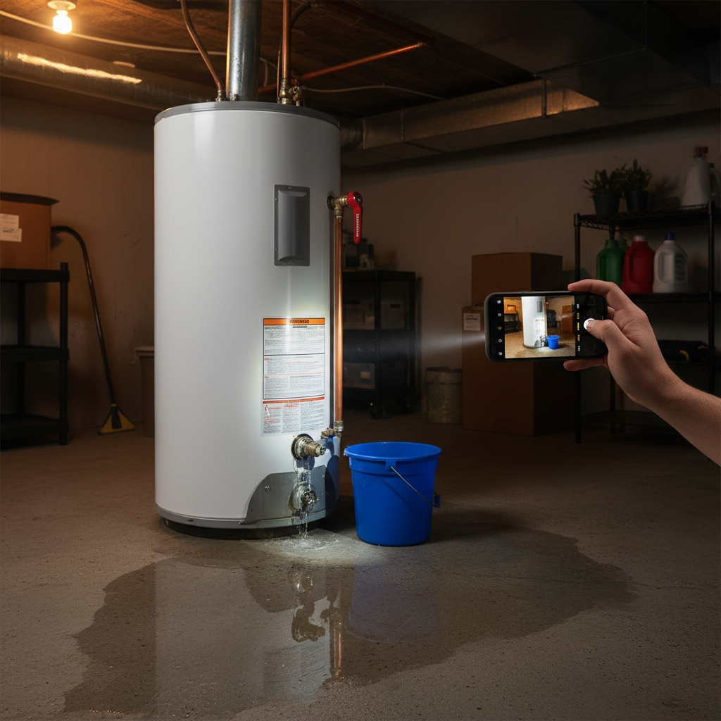 Diagnosing a Bottom Water Heater Leak Water heater leaking from bottom with pooled water on floor showing emergency assessment in home utility room