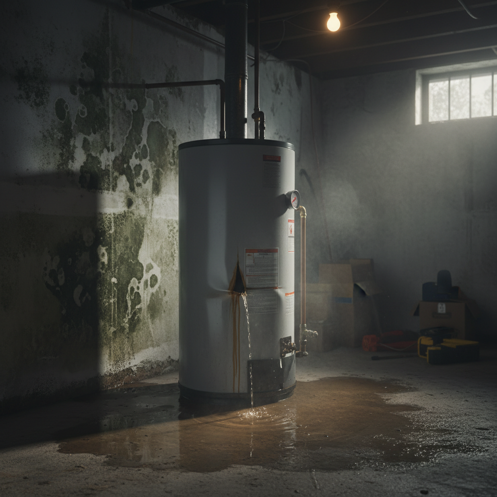 Dangerous Water Heater Leak with Damage Signs Leaking water heater with visible water damage, rust, and mold showing dangerous home safety hazard