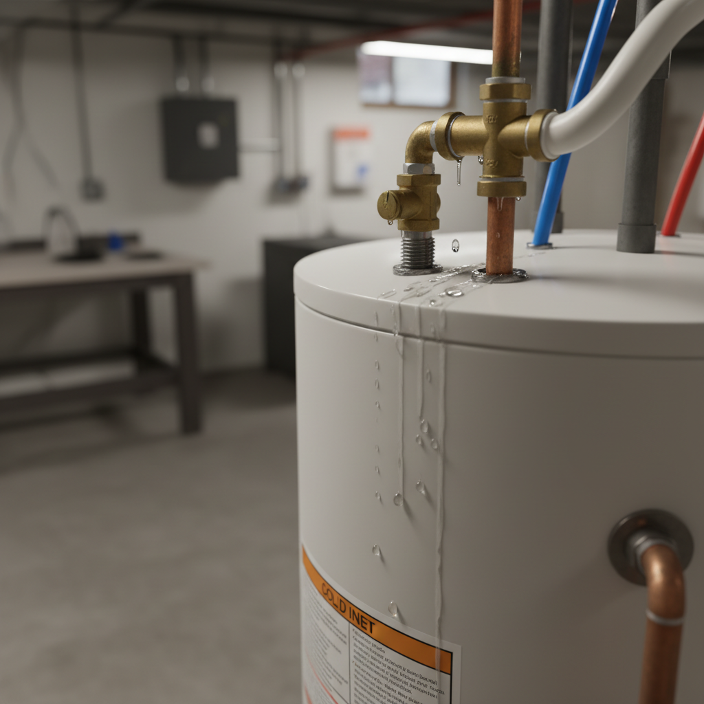 Top Water Heater Leak at Pipe Connections Water heater leaking from top connections showing moisture around inlet pipes and pressure relief valve